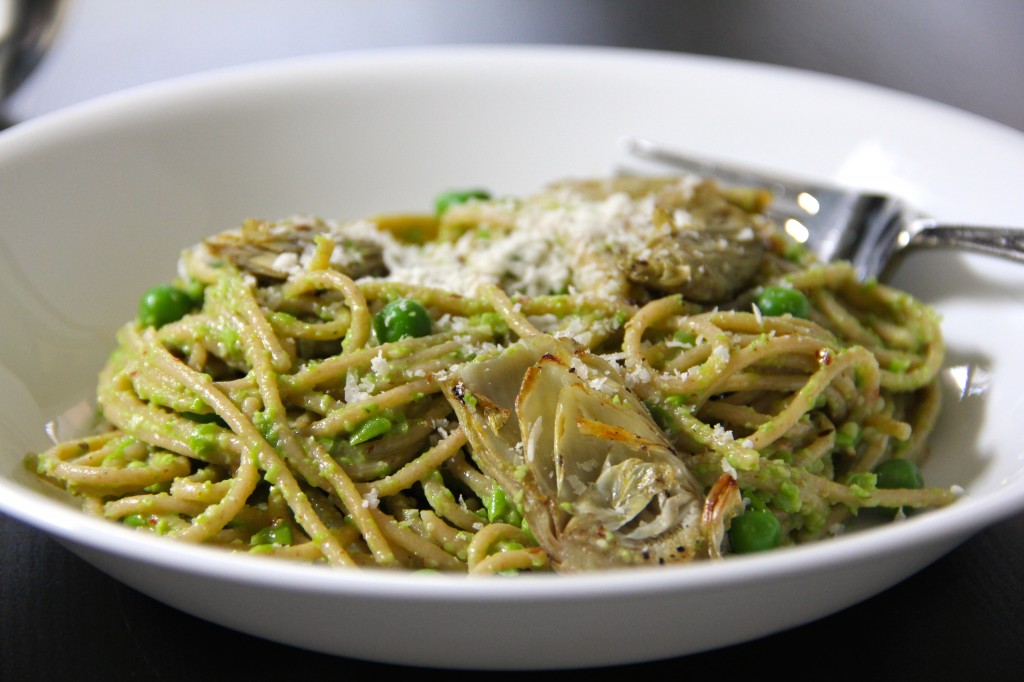 Pea-Almond Pesto & Artichokes with Spaghetti