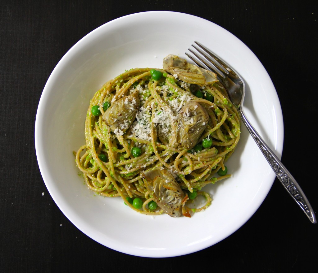 Pea-Almond Pesto & Artichokes with Spaghetti
