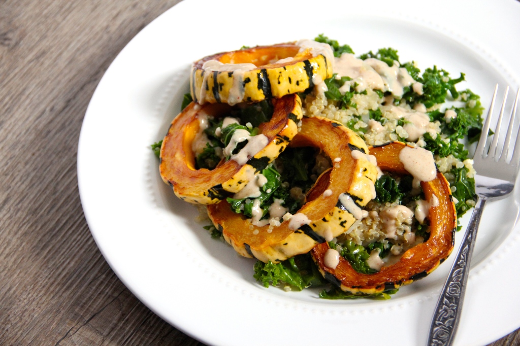 Maple Roasted Delicata Squash with Quinoa, Kale & Smoky Tahini Sauce- Emma's Little Kitchen