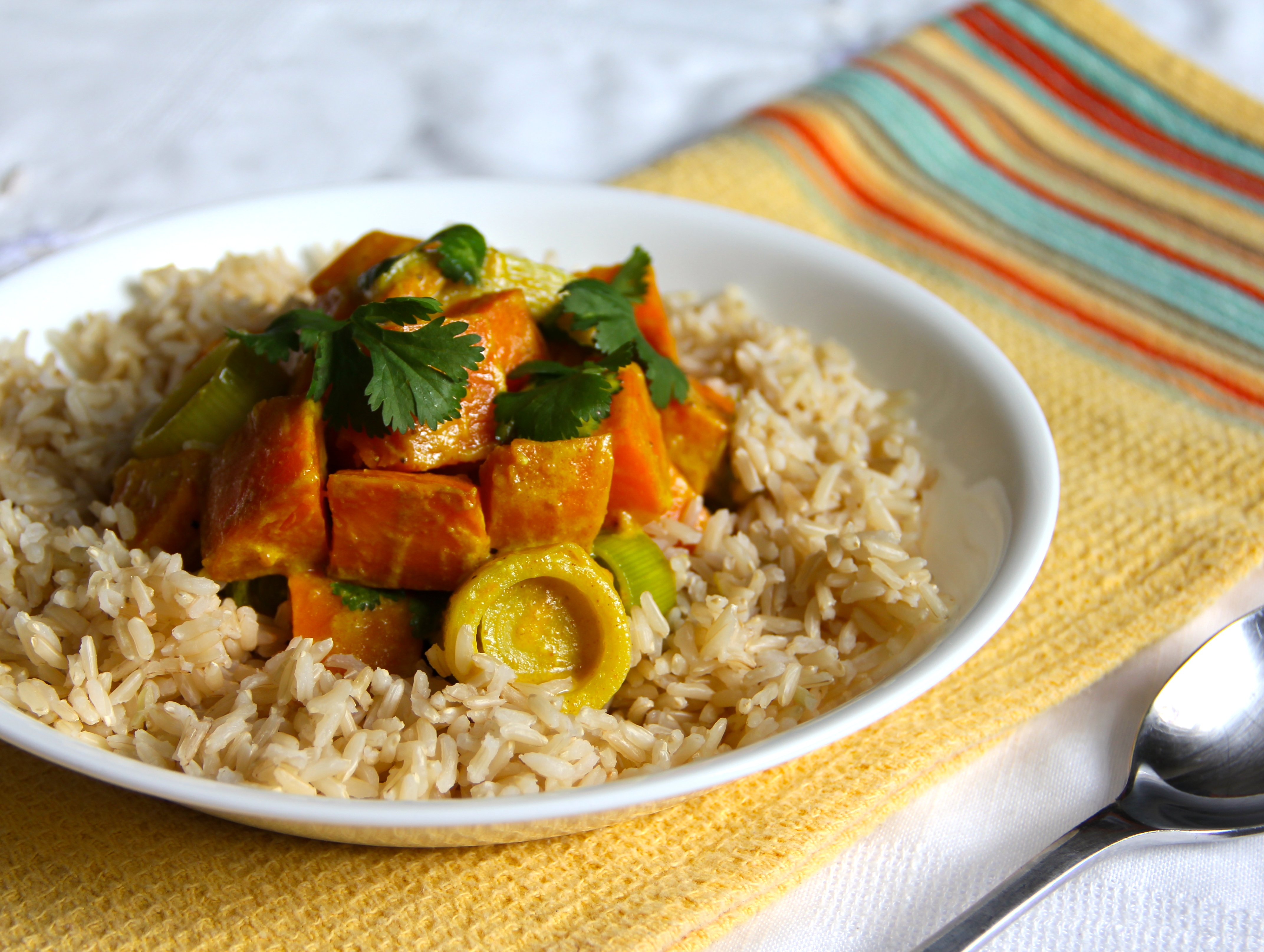 Roasted Sweet Potatoes & Leeks in a Curry Coconut Sauce